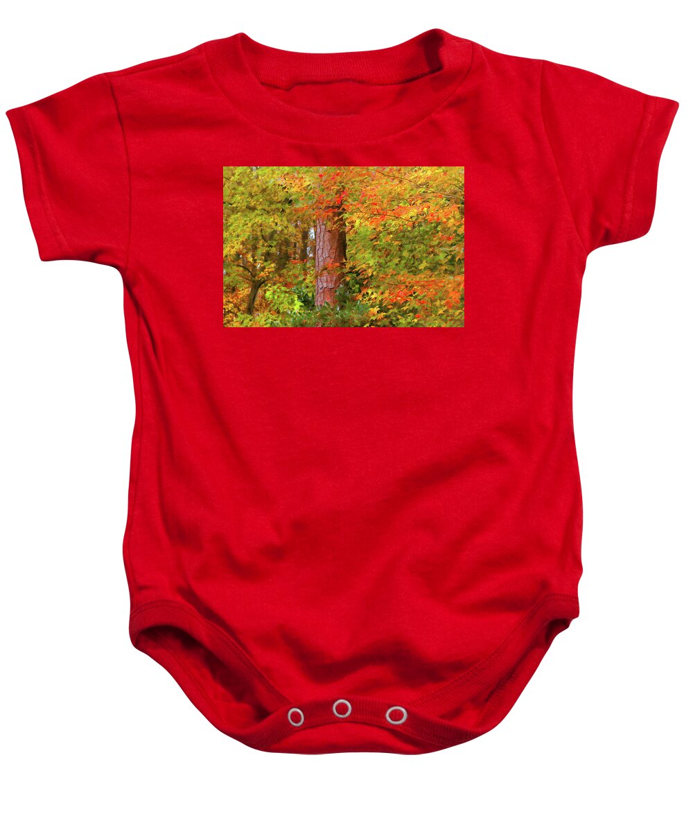 Foliage Baby Onesie featuring the photograph Autumn Fire Burns Brightly by Ola Allen