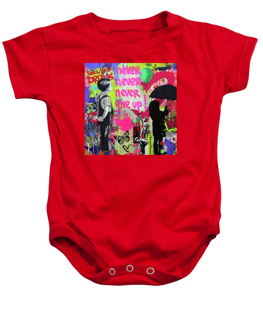 Banksy Hommage Baby Onesie featuring the painting Banksy Hommage - Never give up - Yellow Pink by Felix Von Altersheim