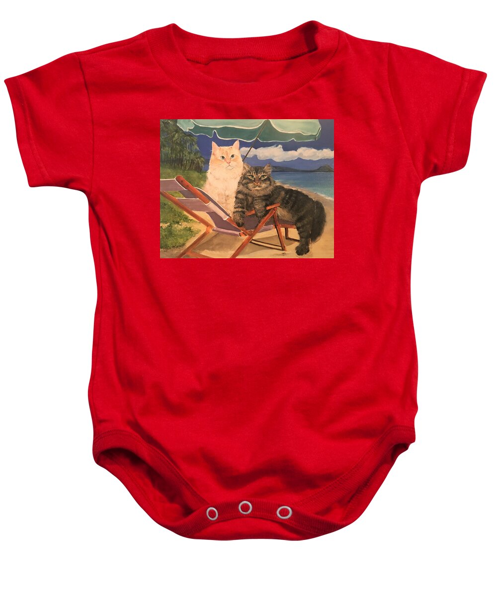 Siberian Cats Baby Onesie featuring the painting Beach Bums by Linda Kegley