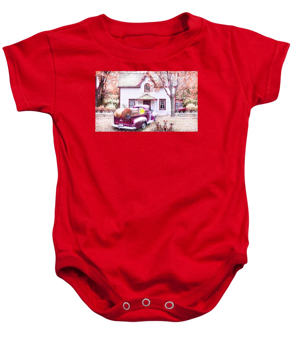 Barns Baby Onesie featuring the photograph Butternut Creek Farm First Snow by Debra and Dave Vanderlaan