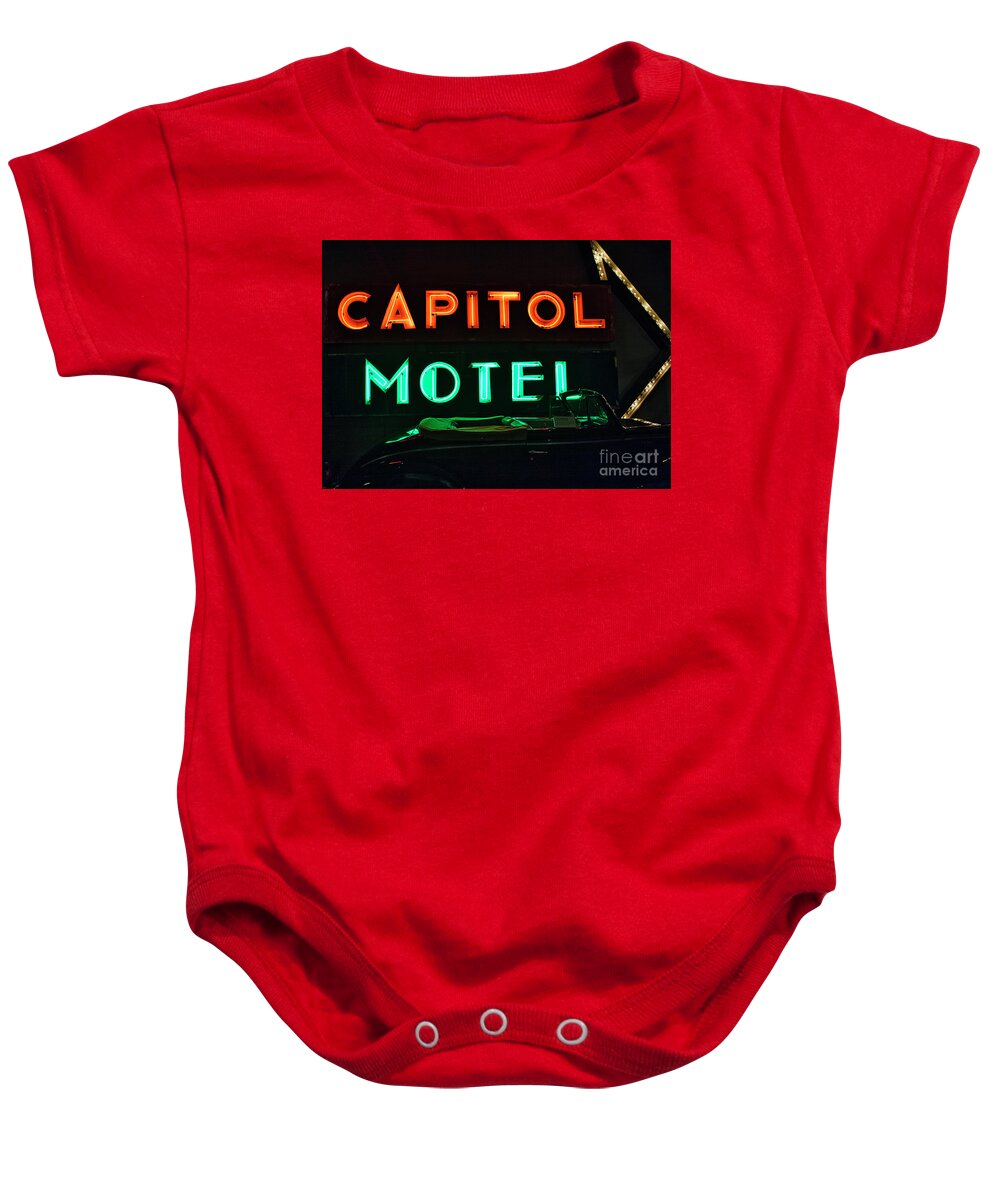 Neon Sign Baby Onesie featuring the photograph Capitol Motel by Andrea Smith