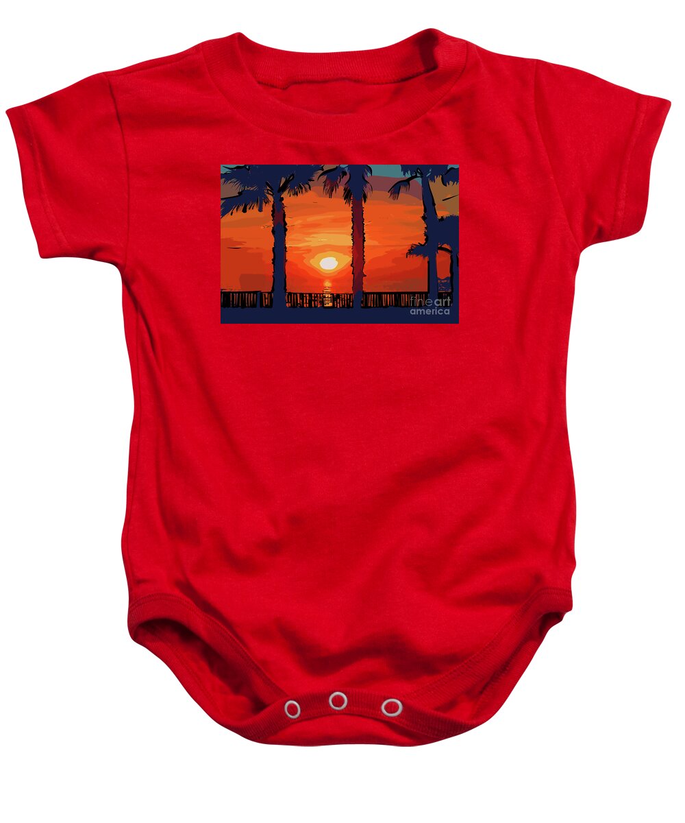 Abstract Baby Onesie featuring the digital art Ocean Sunset Between Two Palm Trees by Kirt Tisdale