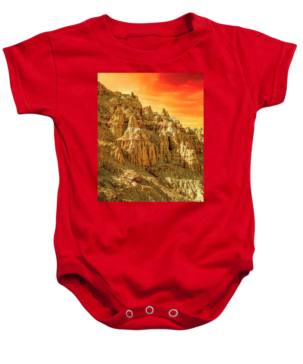 Usa Baby Onesie featuring the photograph Cathedral Gorge with Firey sunset by Randy Bradley