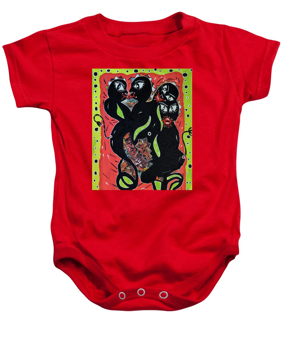 Soweto Baby Onesie featuring the painting Cats In A Sack by Nkuly Sibeko