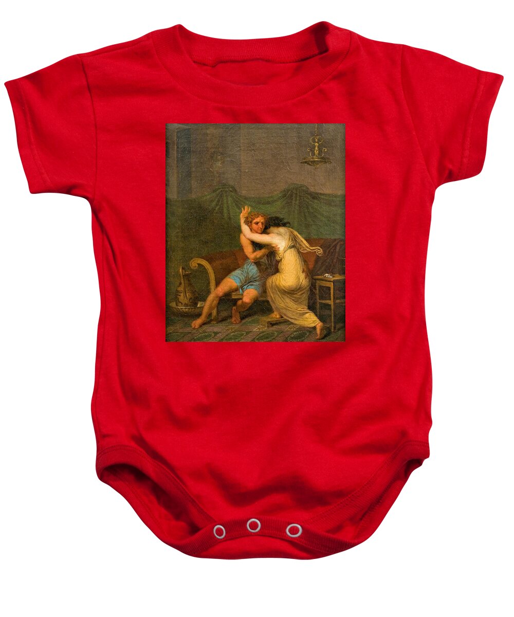 Nicolai Abildgaard Baby Onesie featuring the painting Catullus and Lesbia, who in his arms seek solace for the death of her sparrow by Nicolai Abildgaard