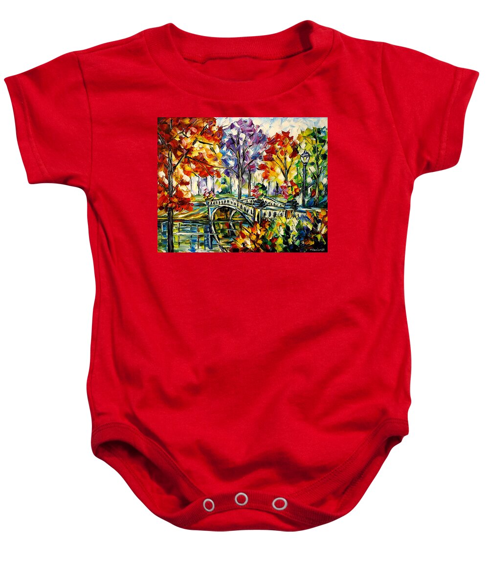 Colorful Cityscape Baby Onesie featuring the painting Central Park, Bow Bridge by Mirek Kuzniar