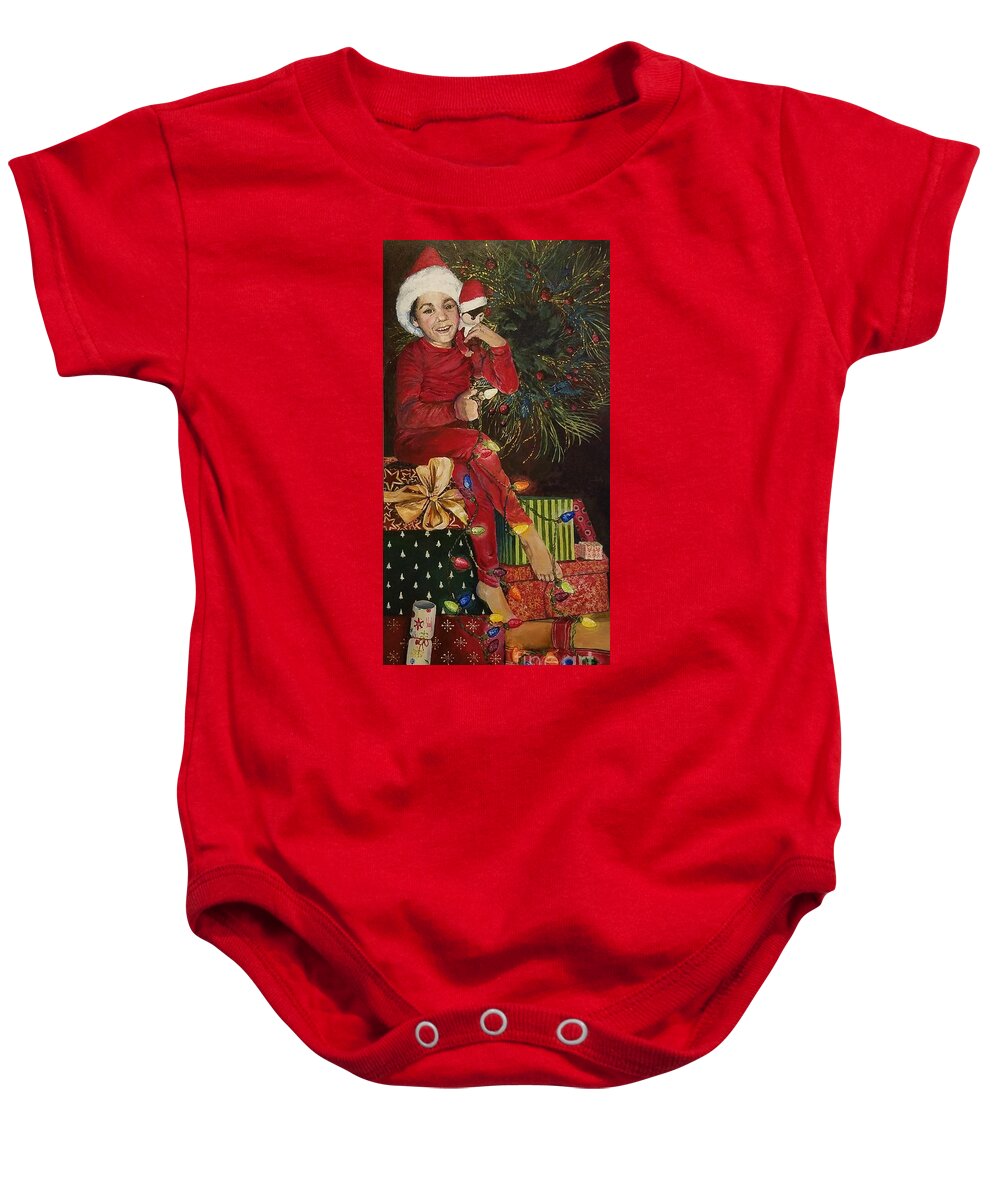 Christmas Baby Onesie featuring the painting Christmas elves by Merana Cadorette