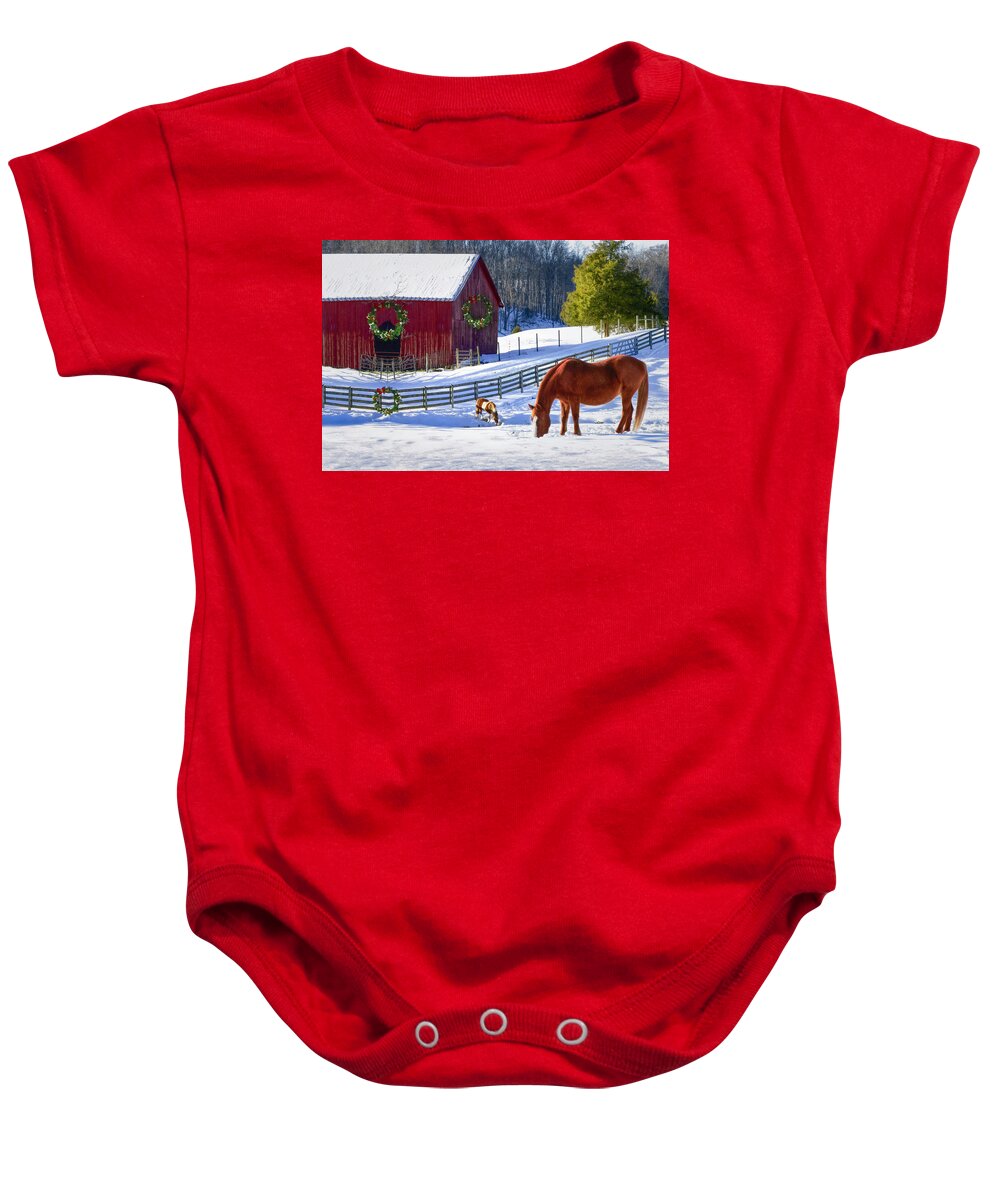 Animals Baby Onesie featuring the photograph Christmas Horse Farm by Debra and Dave Vanderlaan