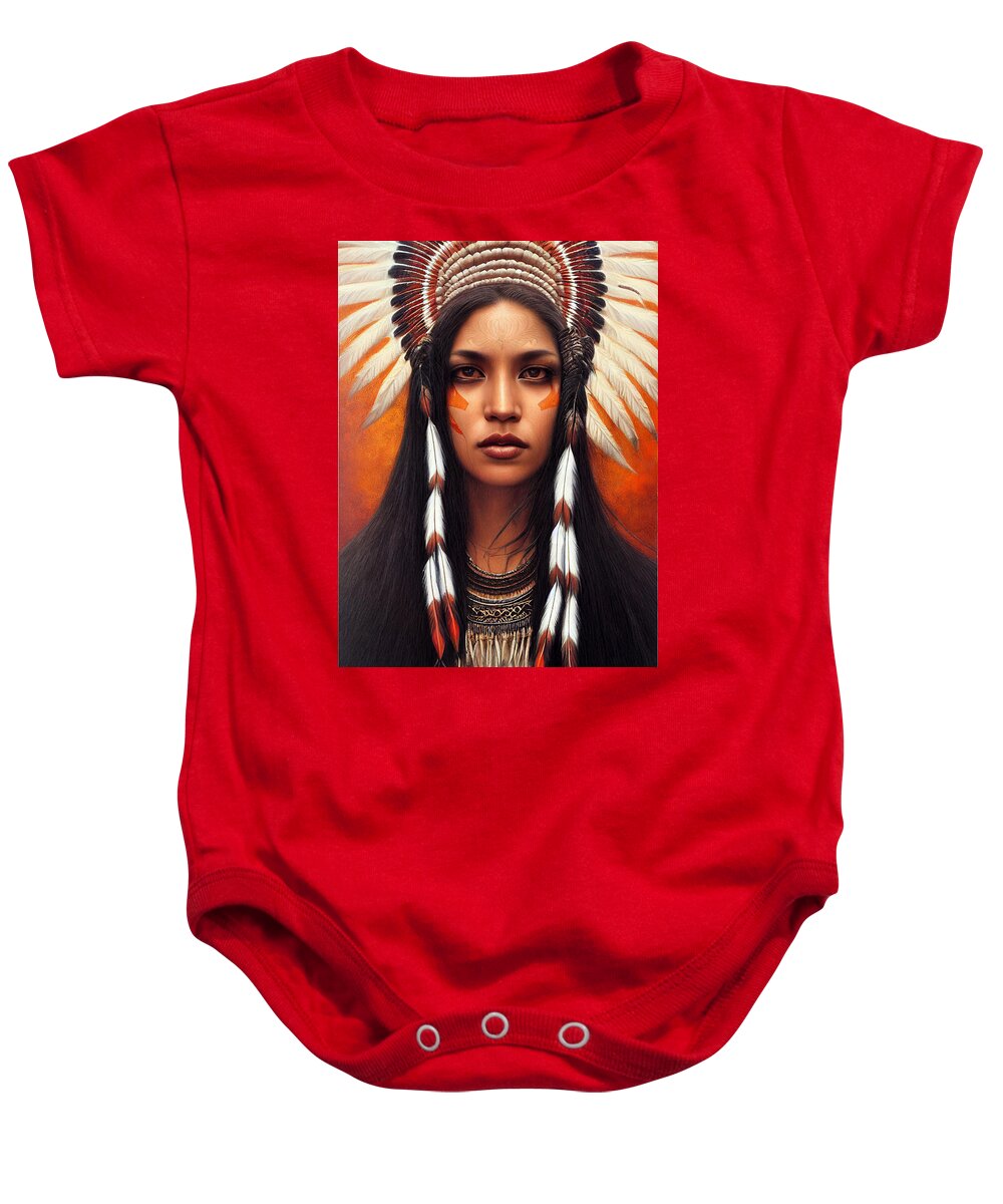 Beautiful Baby Onesie featuring the painting Closeup Portrait Of Beautiful Native American Wom 44777eb4 86ef 451e 8412 15e4cf2e6574 by MotionAge Designs