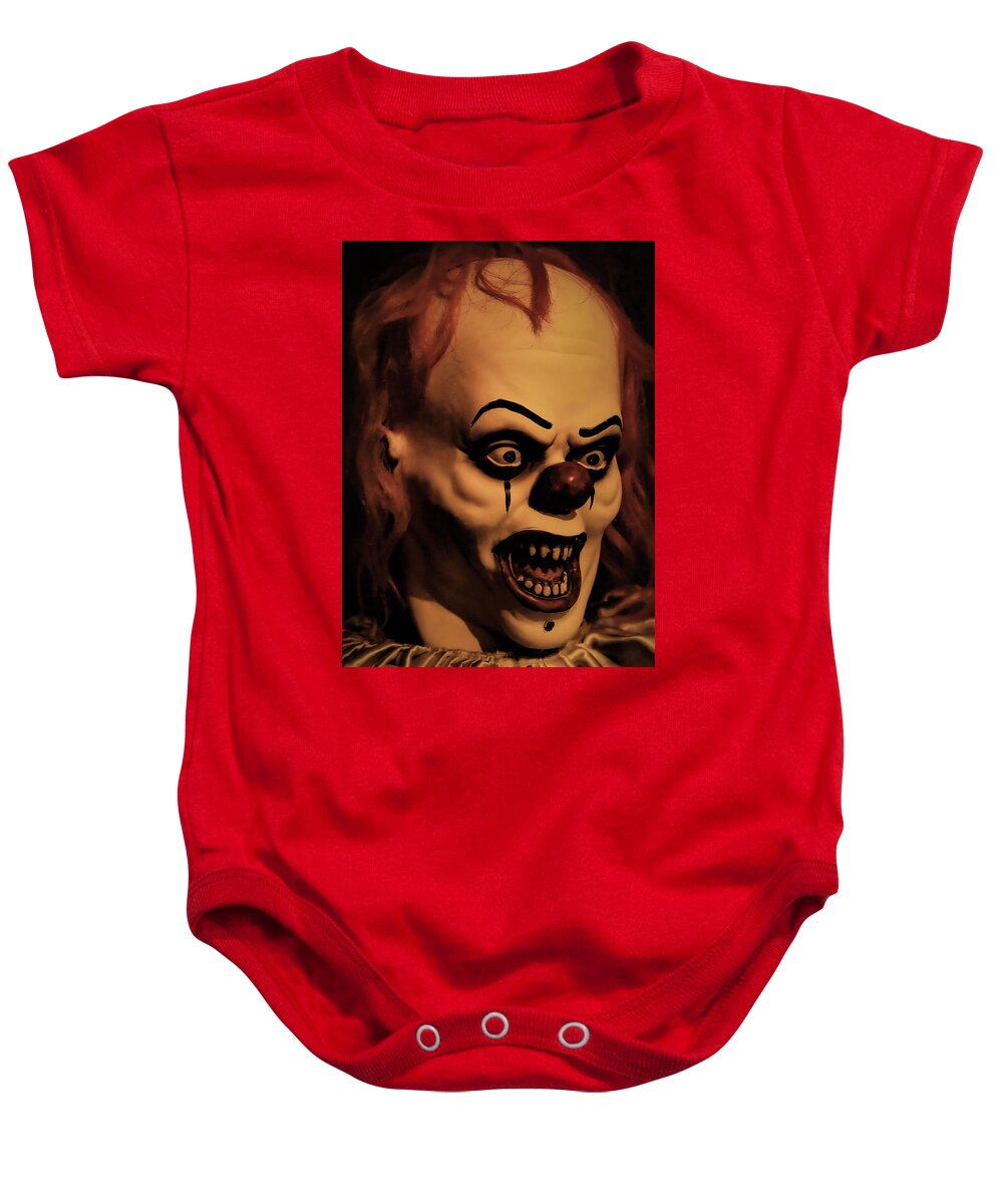 Clown Face Scary Close Red Teeth Halloween Baby Onesie featuring the photograph Clown by John Linnemeyer