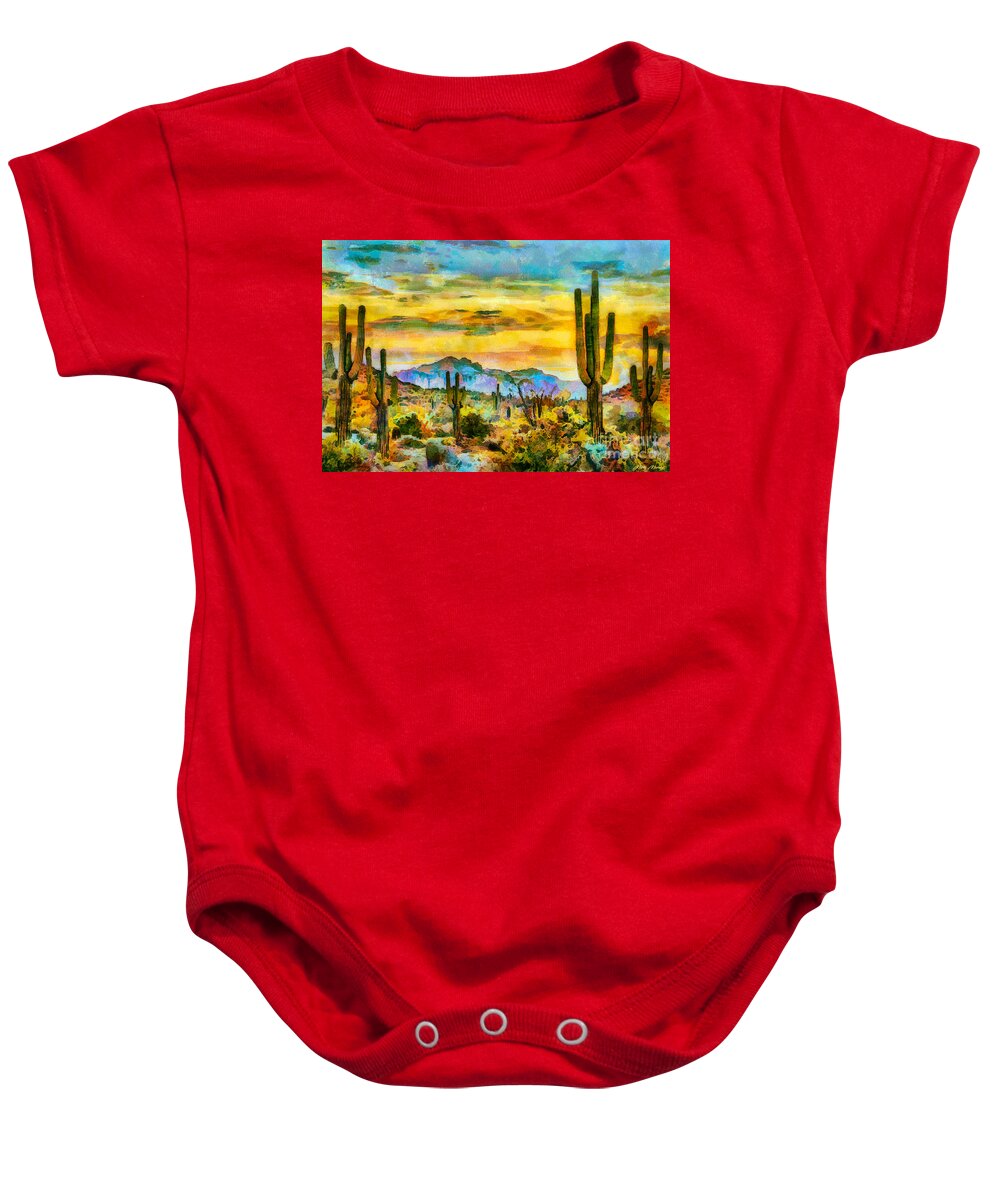 Saguaro Cactus Baby Onesie featuring the painting Colorful Desert V2 by Marty's Royal Art