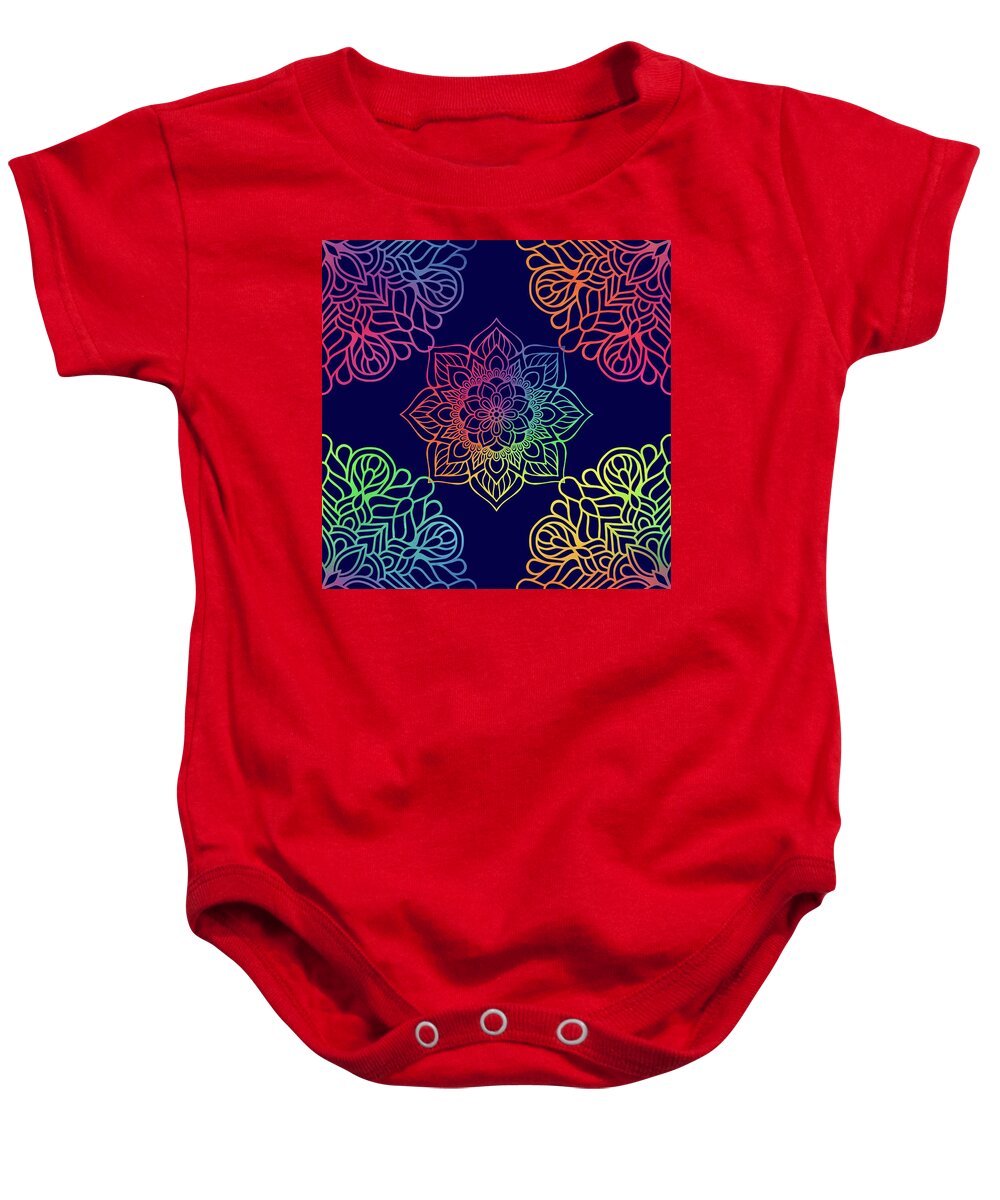 Mandala Baby Onesie featuring the digital art Colorful Mandala Pattern In Blue Background by Sambel Pedes