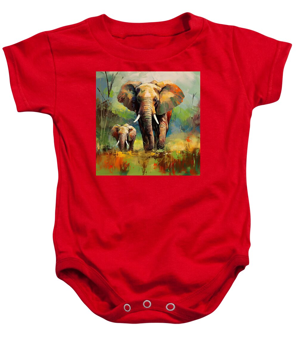 Elephant Baby Onesie featuring the painting Elephant Mother and Calf by Lourry Legarde