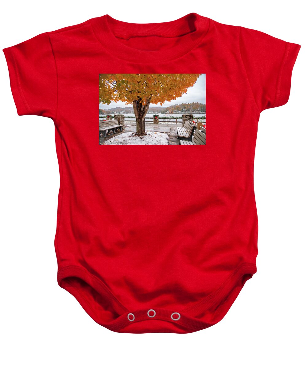 Blue Ridge Parkway Baby Onesie featuring the photograph First Snow by the Lake by Robert J Wagner