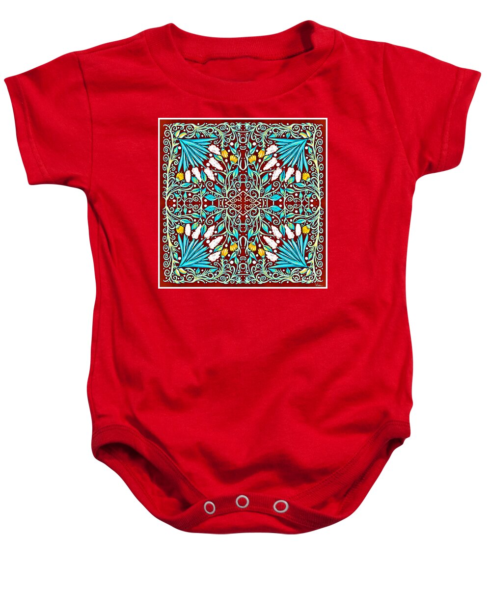 Turquoise Leaves Baby Onesie featuring the mixed media Floral Design in Turquoise, Yellow and Red by Lise Winne