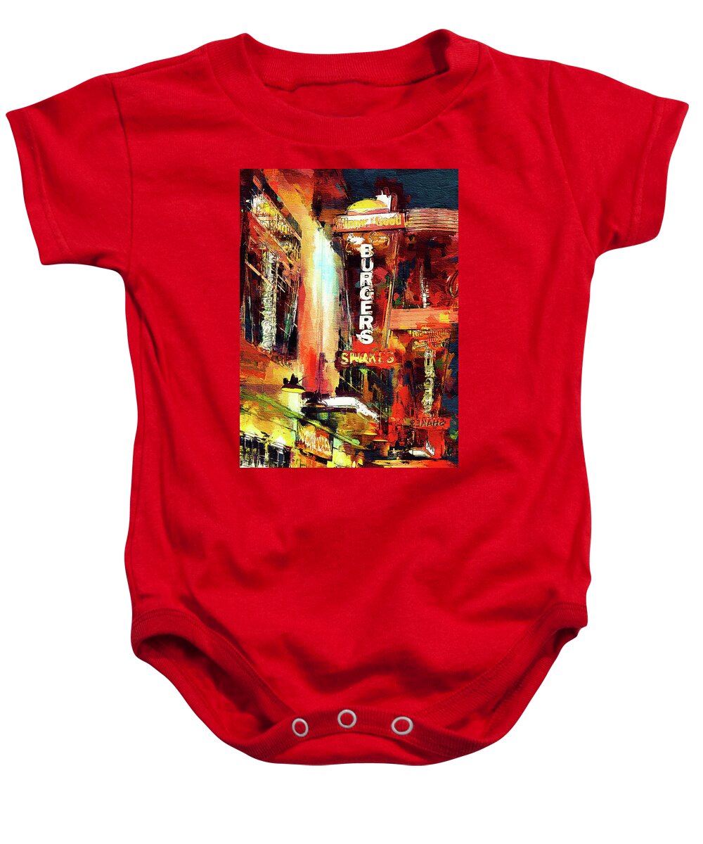 Night Baby Onesie featuring the mixed media Fremont Street neon signs, Las Vegas by Tatiana Travelways