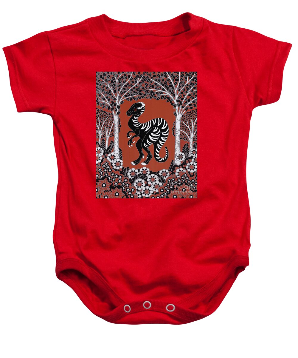 Dinosaur Baby Onesie featuring the painting Goyocephale. Landscape by Amy E Fraser