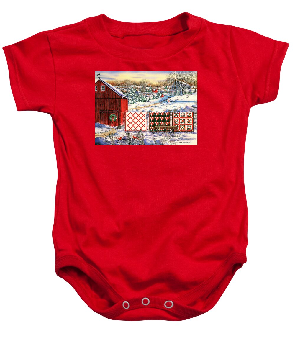 Red Barn Baby Onesie featuring the painting Holiday Airing by Diane Phalen