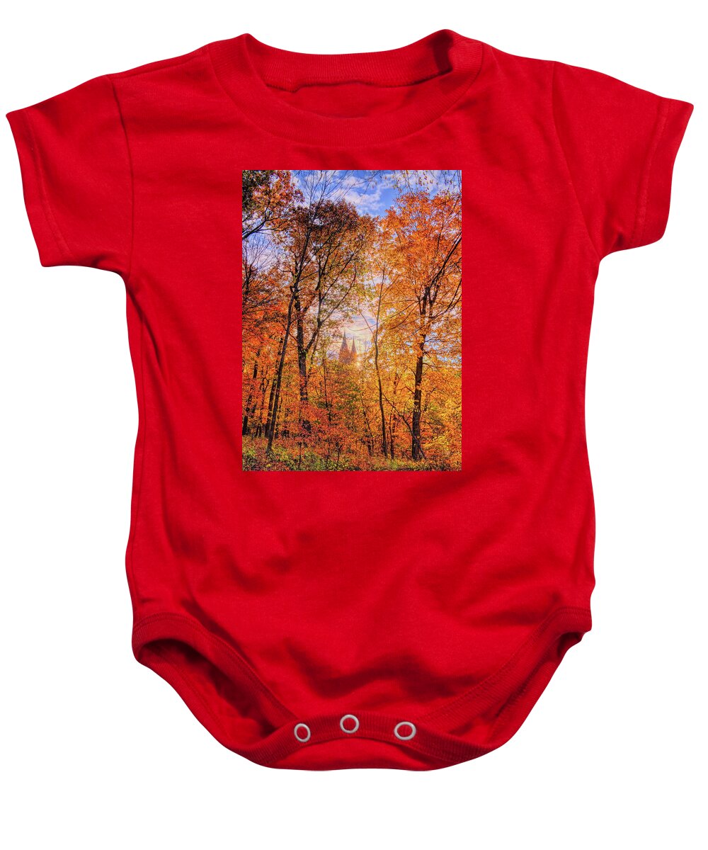 Church Baby Onesie featuring the photograph Holy Hill Basilica Through The Maples by Dale Kauzlaric