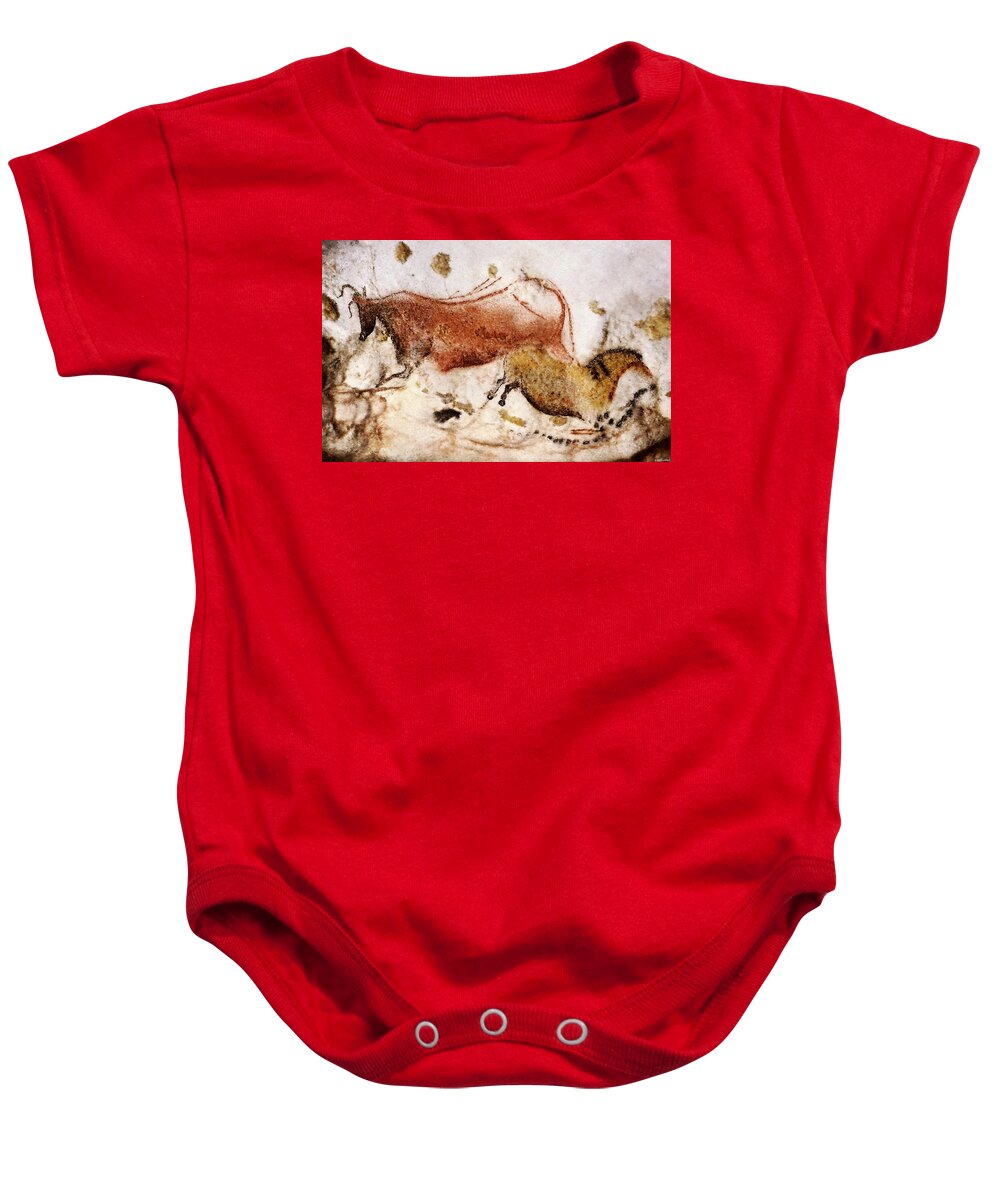 Lascaux Baby Onesie featuring the digital art Lascaux Cow and Horse by Weston Westmoreland