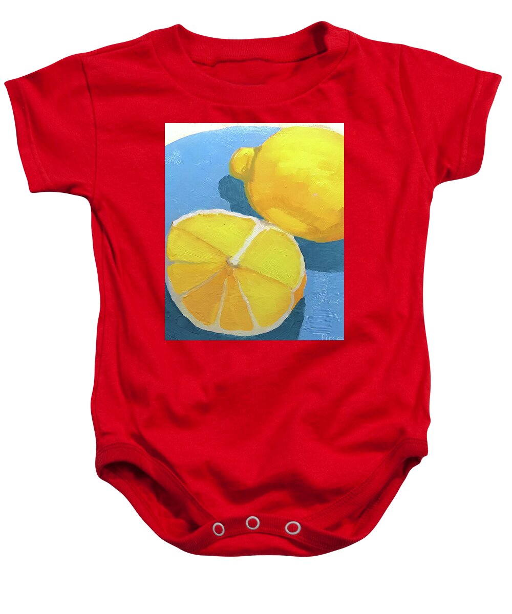 Lemon Baby Onesie featuring the painting Lemons on Blue by Anne Marie Brown