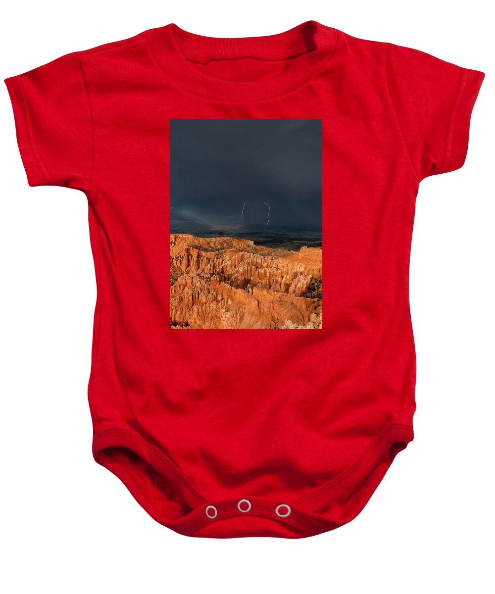 Dave Welling Baby Onesie featuring the photograph Lightning Strikes Over Hoodoos Bryce Canyon National Park by Dave Welling