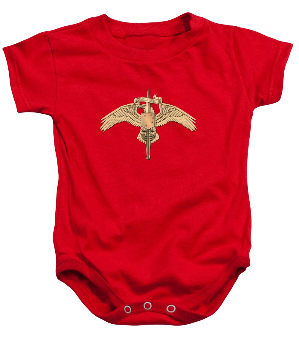 Military Insignia & Heraldry Collection By Serge Averbukh Baby Onesie featuring the digital art Marine Special Operator Insignia - USMC Raider Dagger Badge over Red Velvet by Serge Averbukh