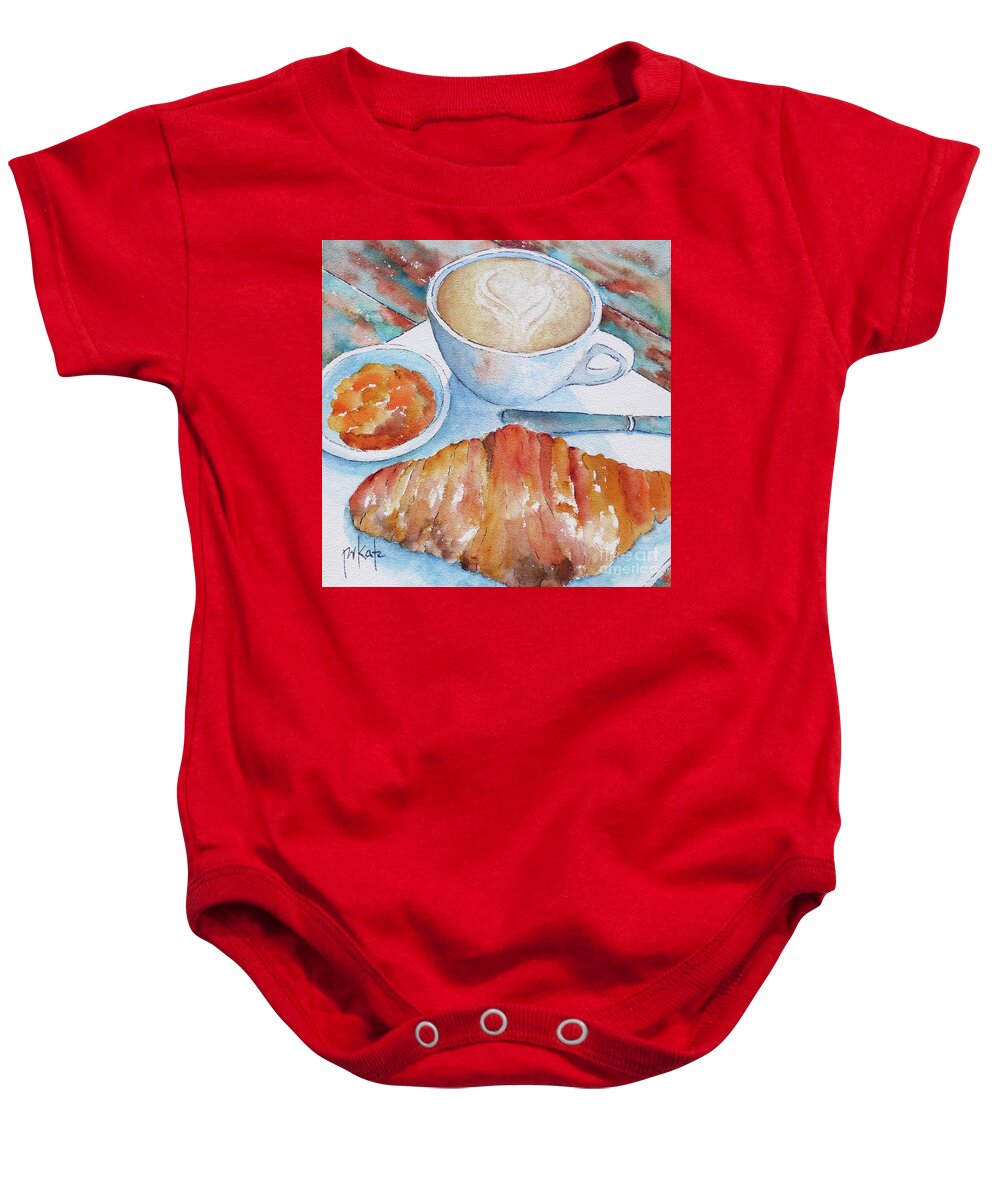 Coffee Signs Baby Onesie featuring the painting Morning Croissant Paris by Pat Katz