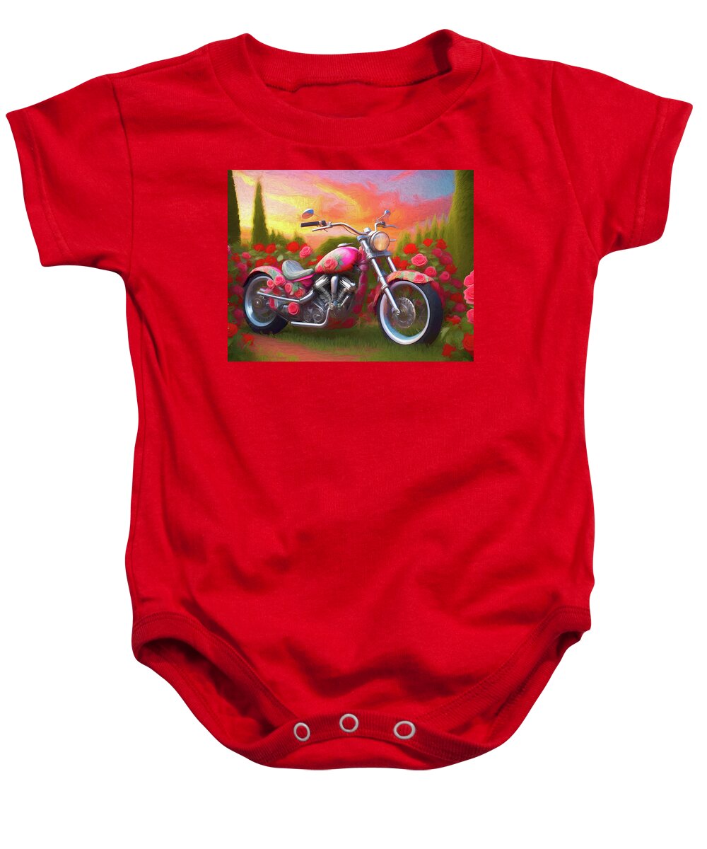 Motorcycle Baby Onesie featuring the digital art Motorcycle Roses and Sunset by Jill Nightingale