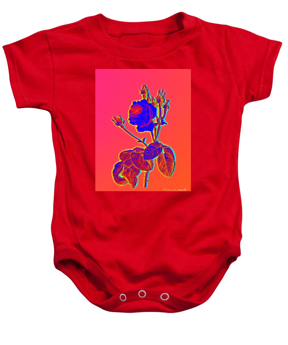 Neon Baby Onesie featuring the painting Neon Pink Blooming Cabbage Rose Botanical Art n.0870 by Holy Rock Design