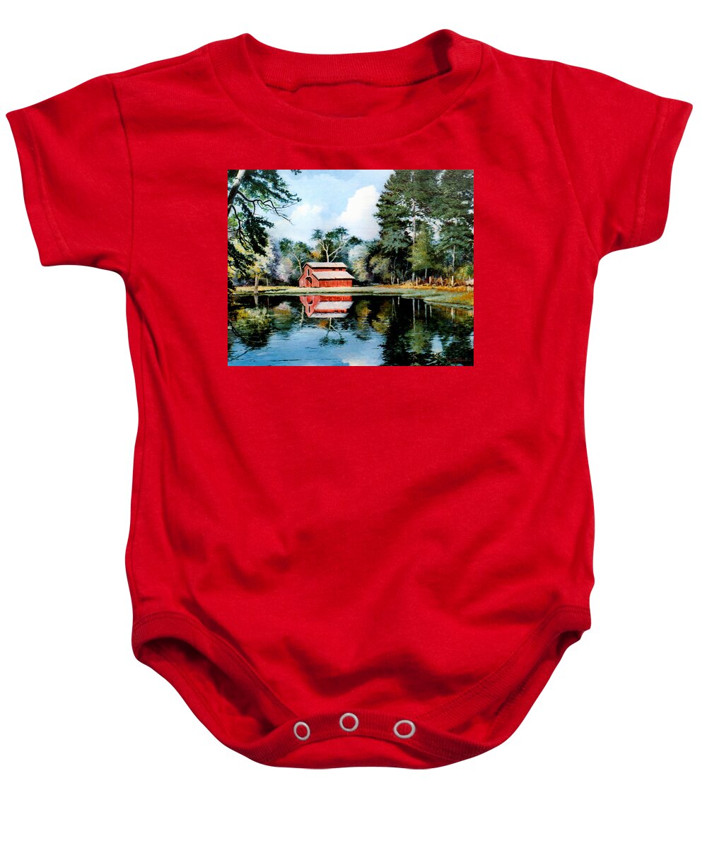 Old Barn Baby Onesie featuring the painting Old Red Barn by Randy Welborn