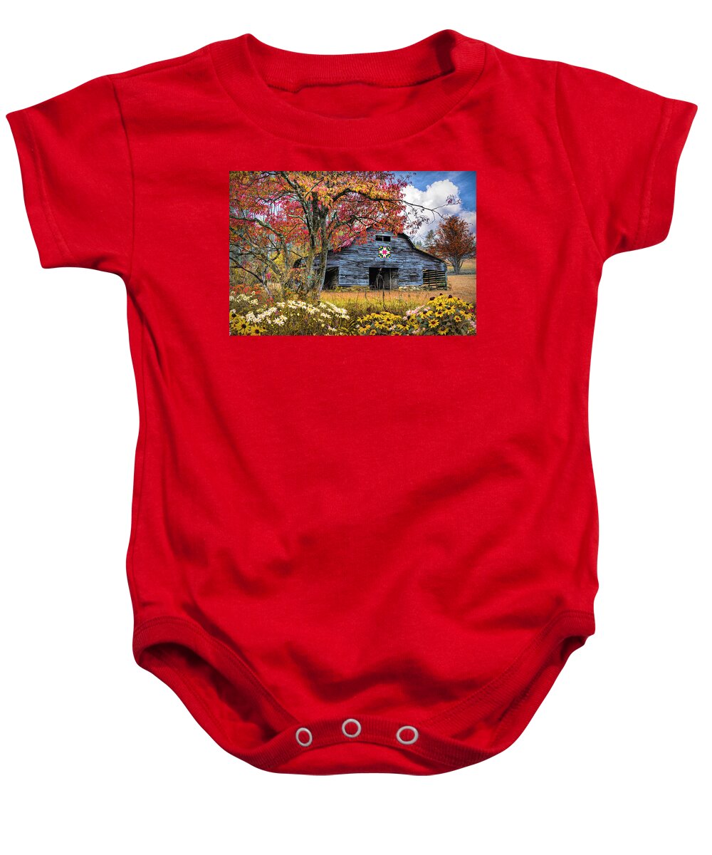 Andrews Baby Onesie featuring the photograph Old Smoky Mountain Barn Autumn by Debra and Dave Vanderlaan