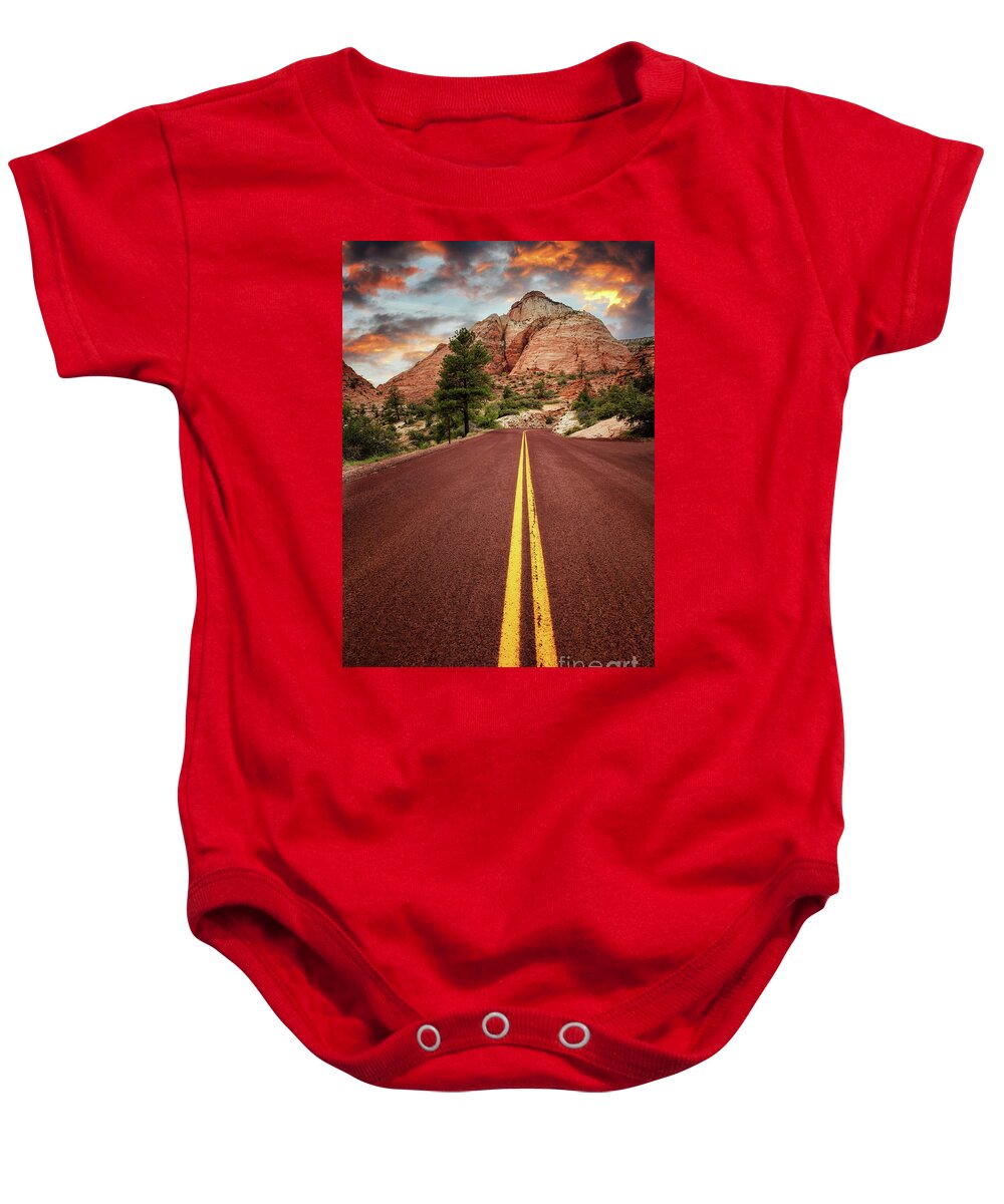 Road Baby Onesie featuring the photograph On the road in Zion at sunset, Utah, USA by Jane Rix