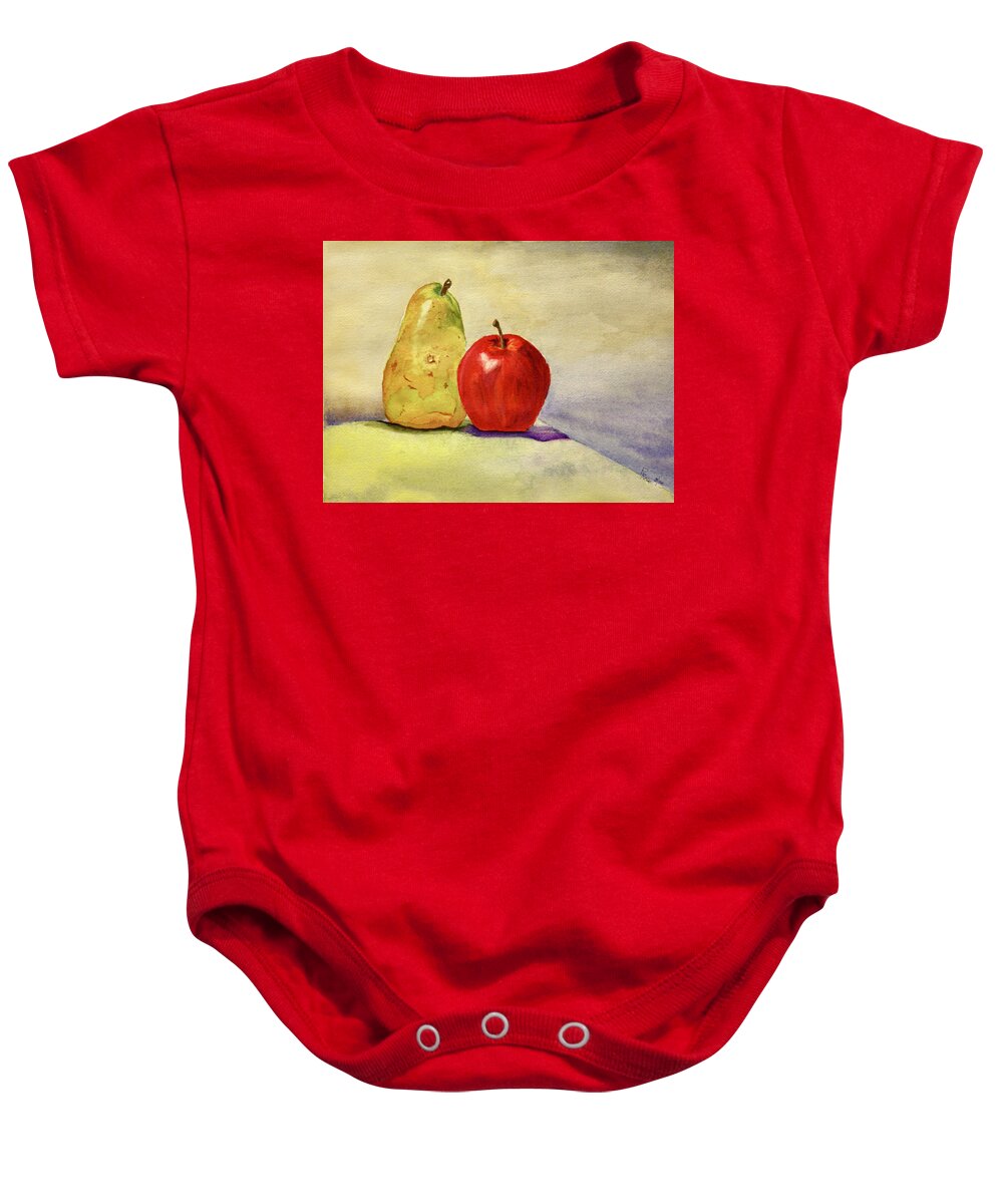 Fruit Baby Onesie featuring the painting Pear with Apple by Peggy Rose