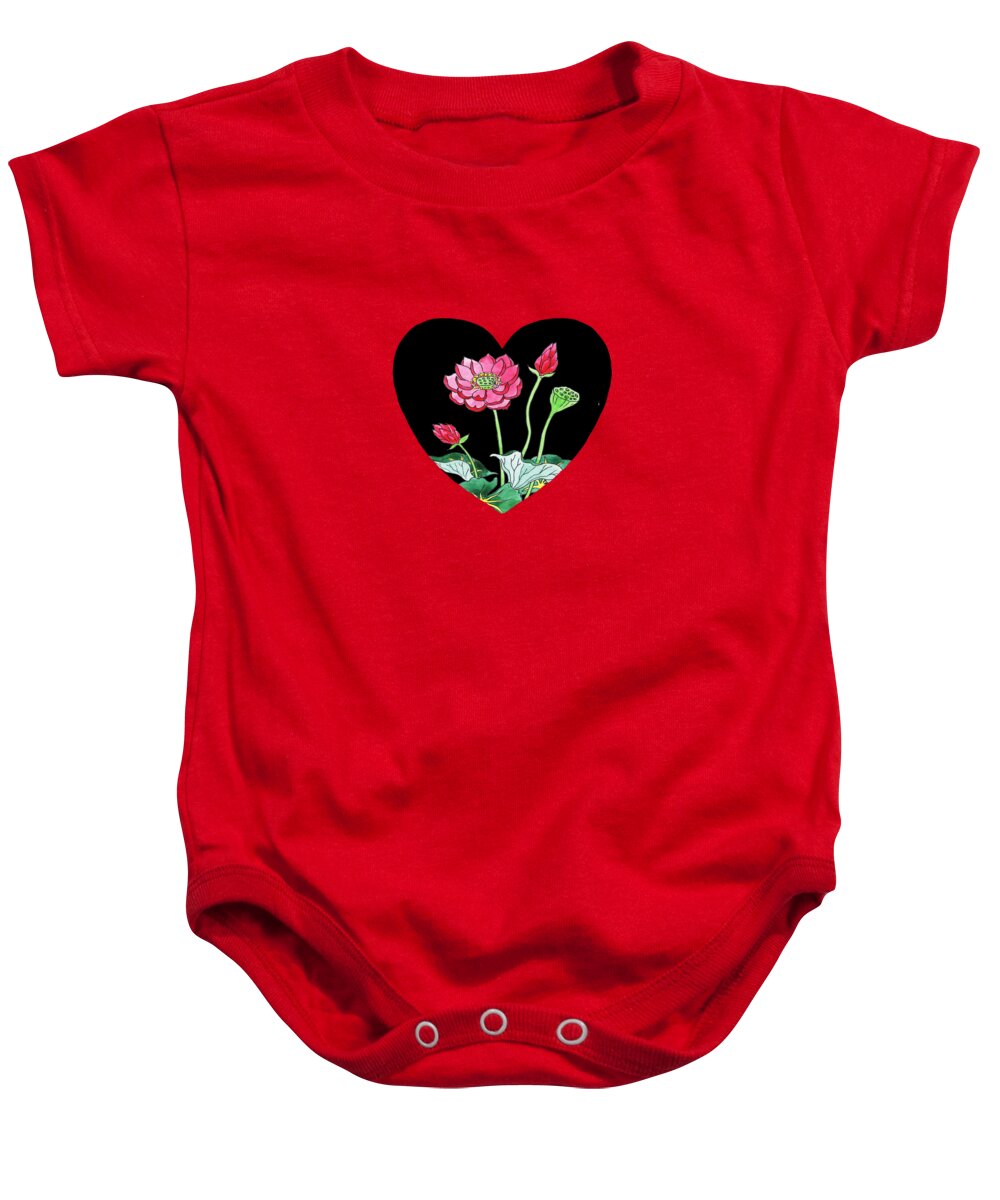 Heart And Flowers Baby Onesie featuring the painting Pink Lotus Flower Heart Watercolor Art by Irina Sztukowski