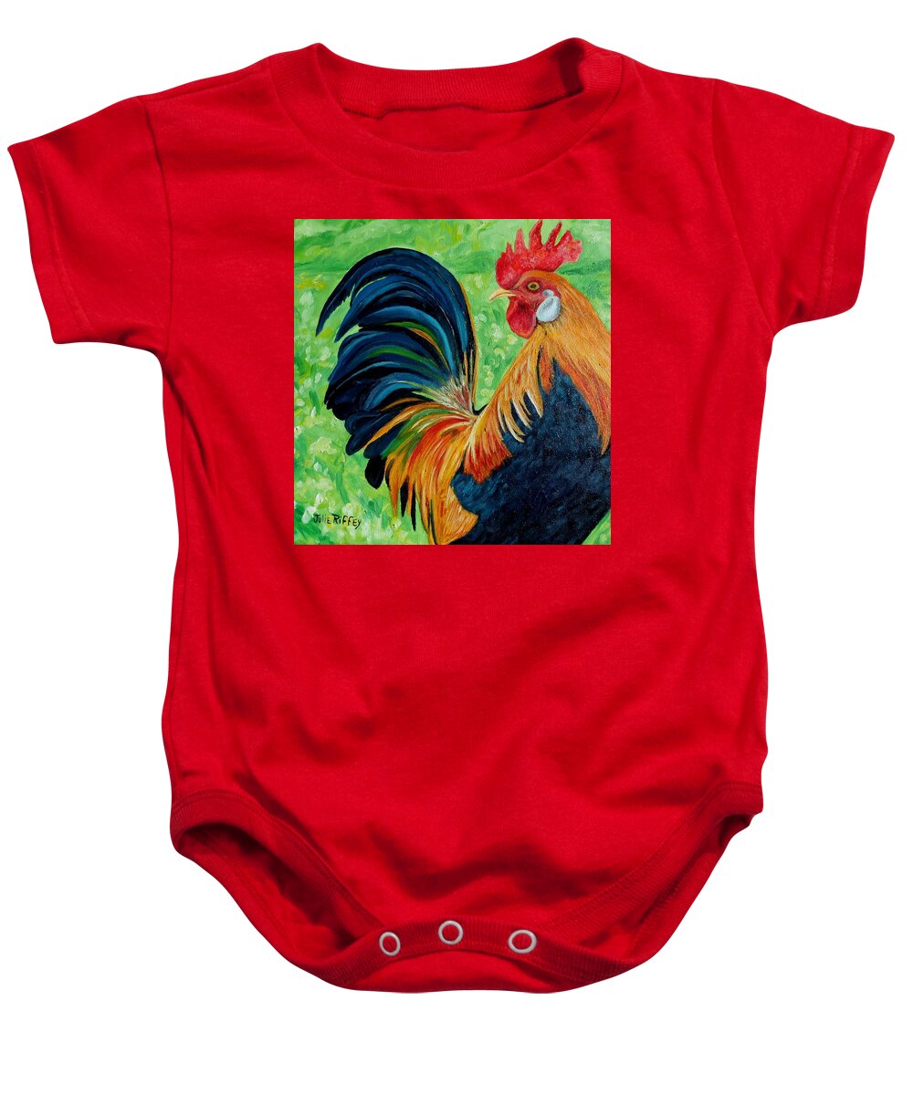 Rooster Baby Onesie featuring the painting Rakish Redhead by Julie Brugh Riffey
