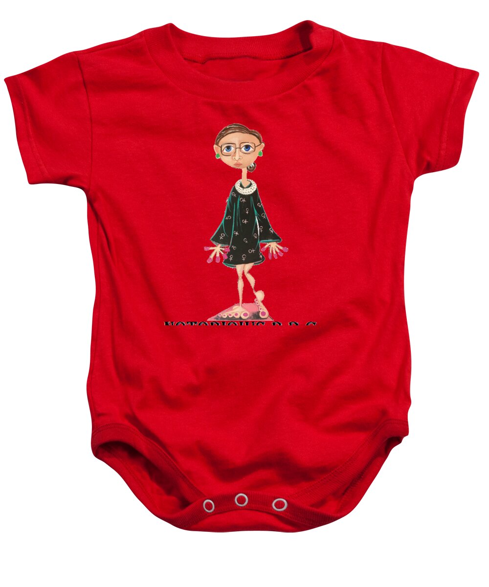Ruth Bader Ginsburg Baby Onesie featuring the painting RBG solo Two by Juliet Gilden