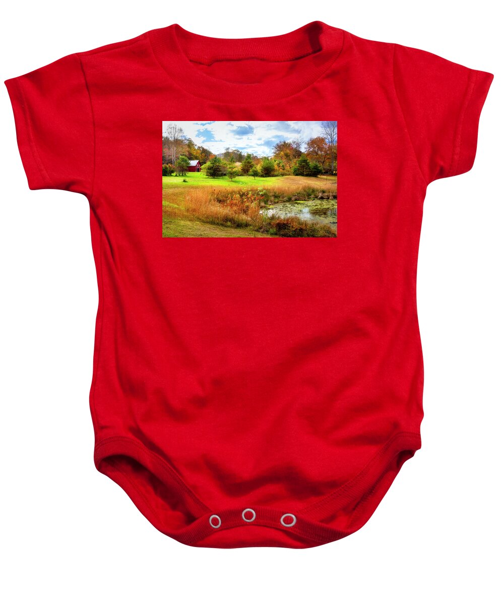 Barns Baby Onesie featuring the photograph Red Barn at the Pond by Debra and Dave Vanderlaan