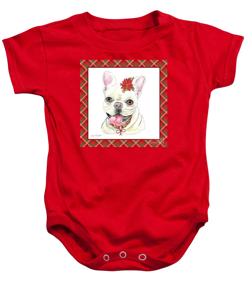 Dog Baby Onesie featuring the painting Red Christmas Plaid with Dog G by Jean Plout