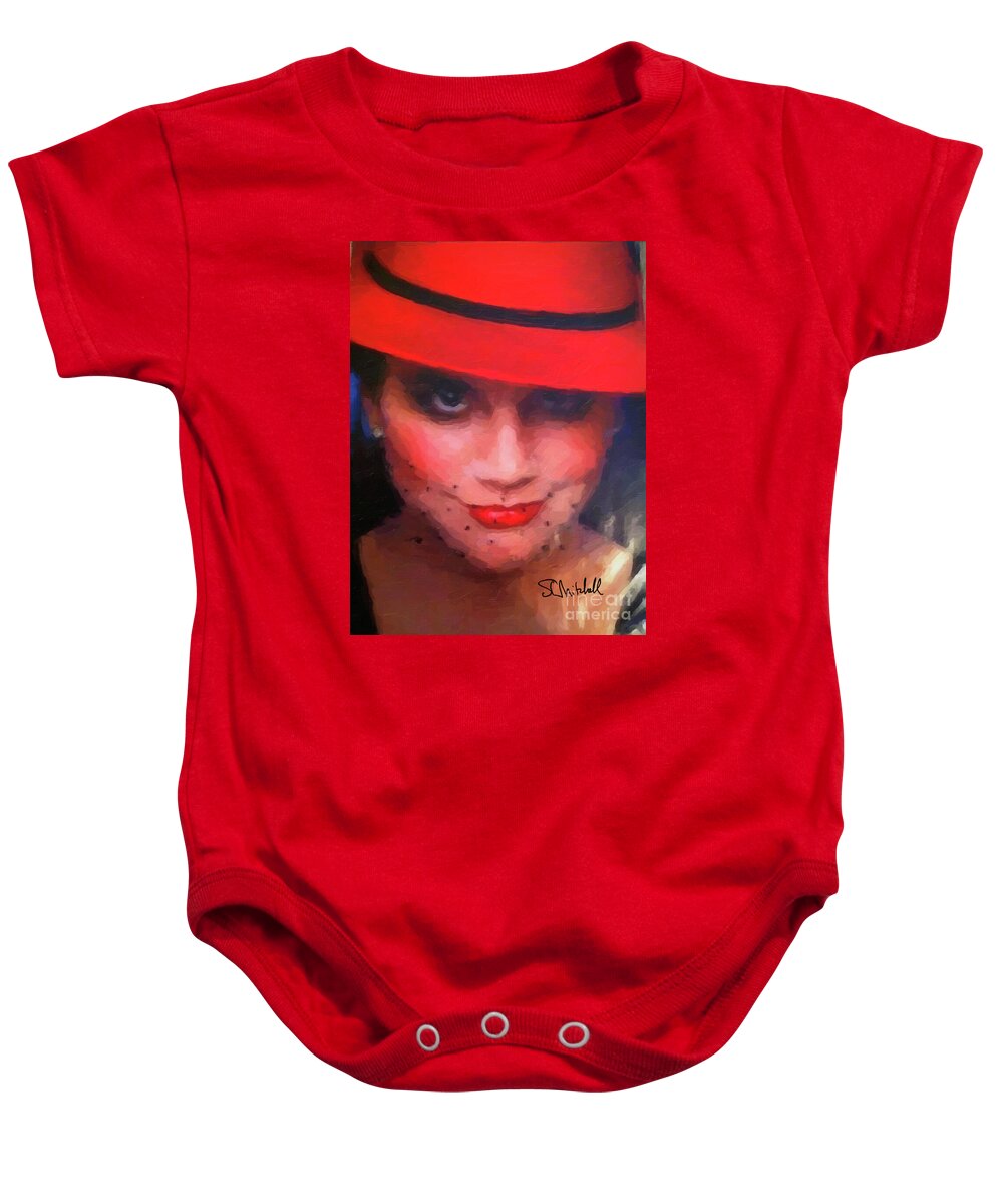  Baby Onesie featuring the painting Red Hat Linda by Steve Mitchell