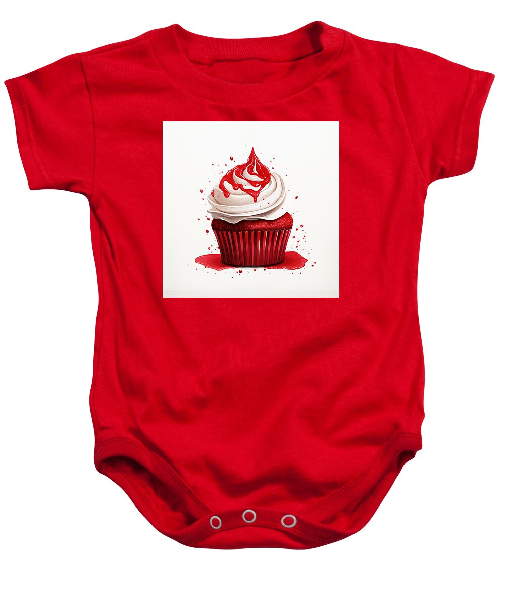 Colorful Cupcake Artwork Baby Onesie featuring the digital art Red Velvet by Lourry Legarde