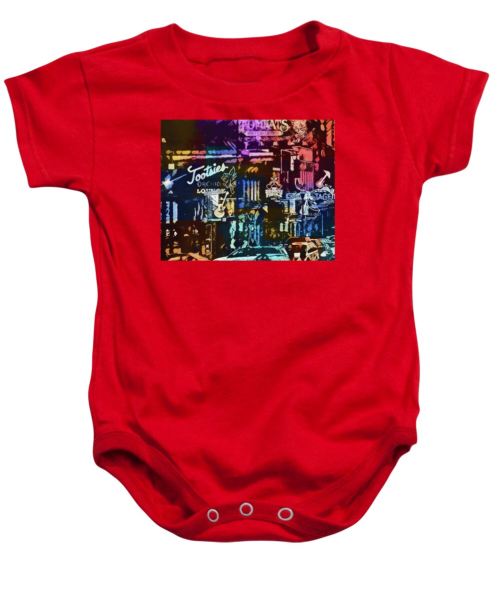 Downtown Nashville Dusk Baby Onesie featuring the painting Retro Colorful Downtown Nashville by Dan Sproul