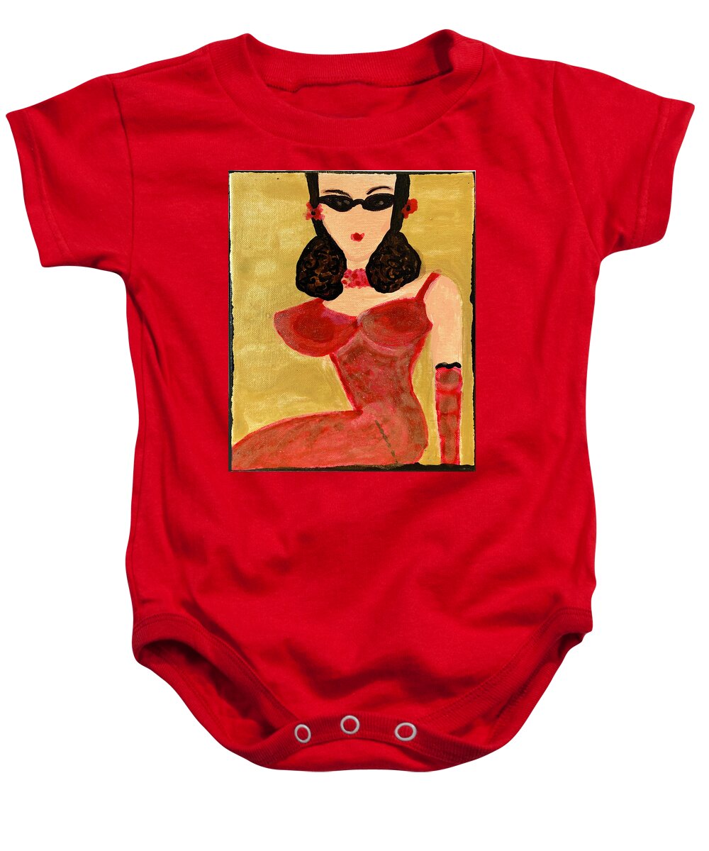 Lady In Red Baby Onesie featuring the painting Sassy in Red by Leslie Porter