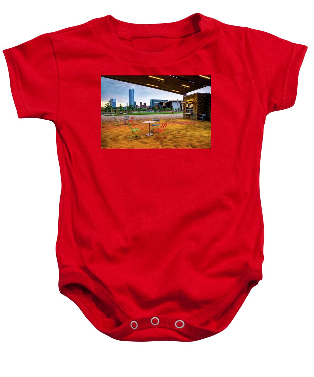Oklahoma City Baby Onesie featuring the photograph Scissortail Park Canopy View Of The Oklahoma City Skyline by Gregory Ballos
