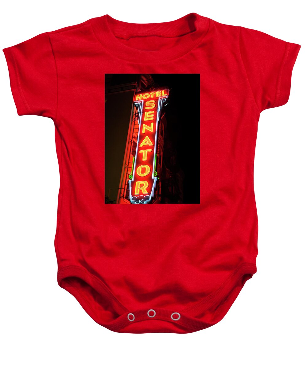 Sf Baby Onesie featuring the photograph Senator Hotel Neon in SF by Matthew Bamberg