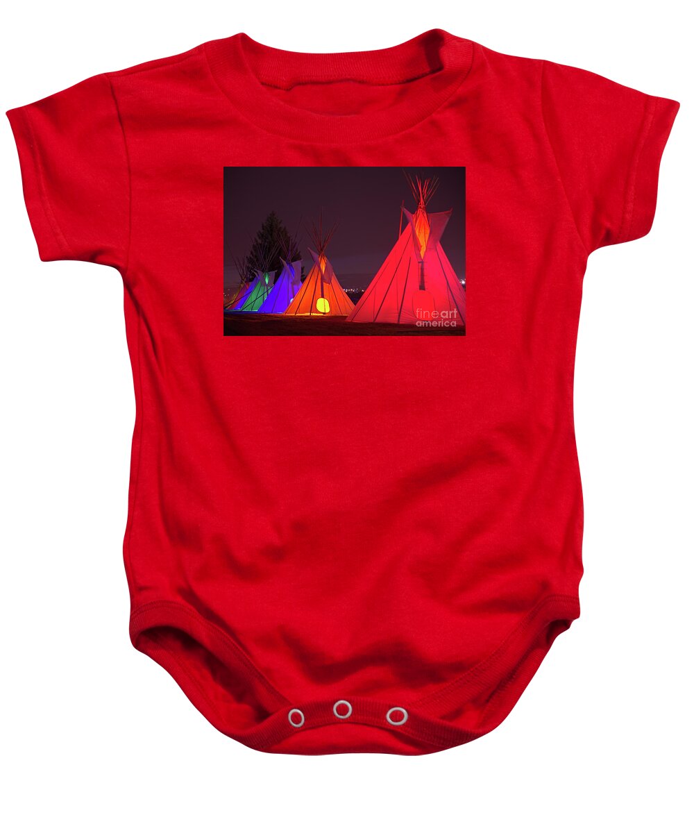 Night Baby Onesie featuring the photograph Seven Tribute Teepees by Kae Cheatham