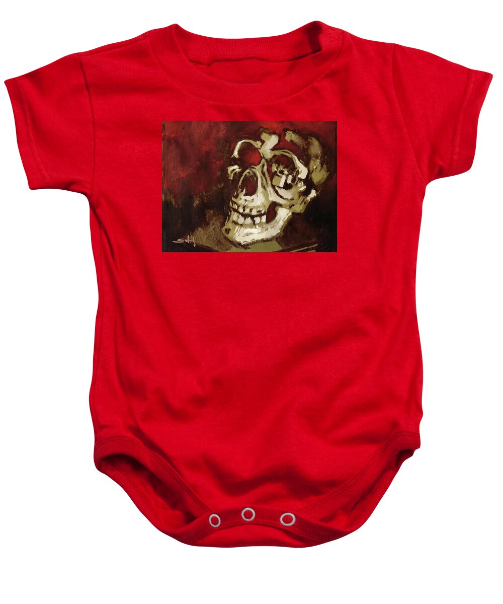 Skull Baby Onesie featuring the painting Skull in Red Shade by Sv Bell