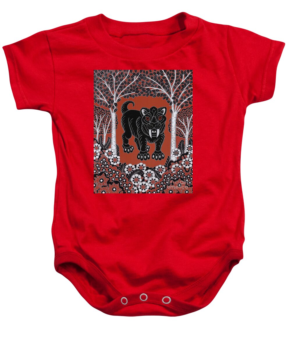 Prehistoric Mammal Baby Onesie featuring the painting Smilodon. Landscape by Amy E Fraser