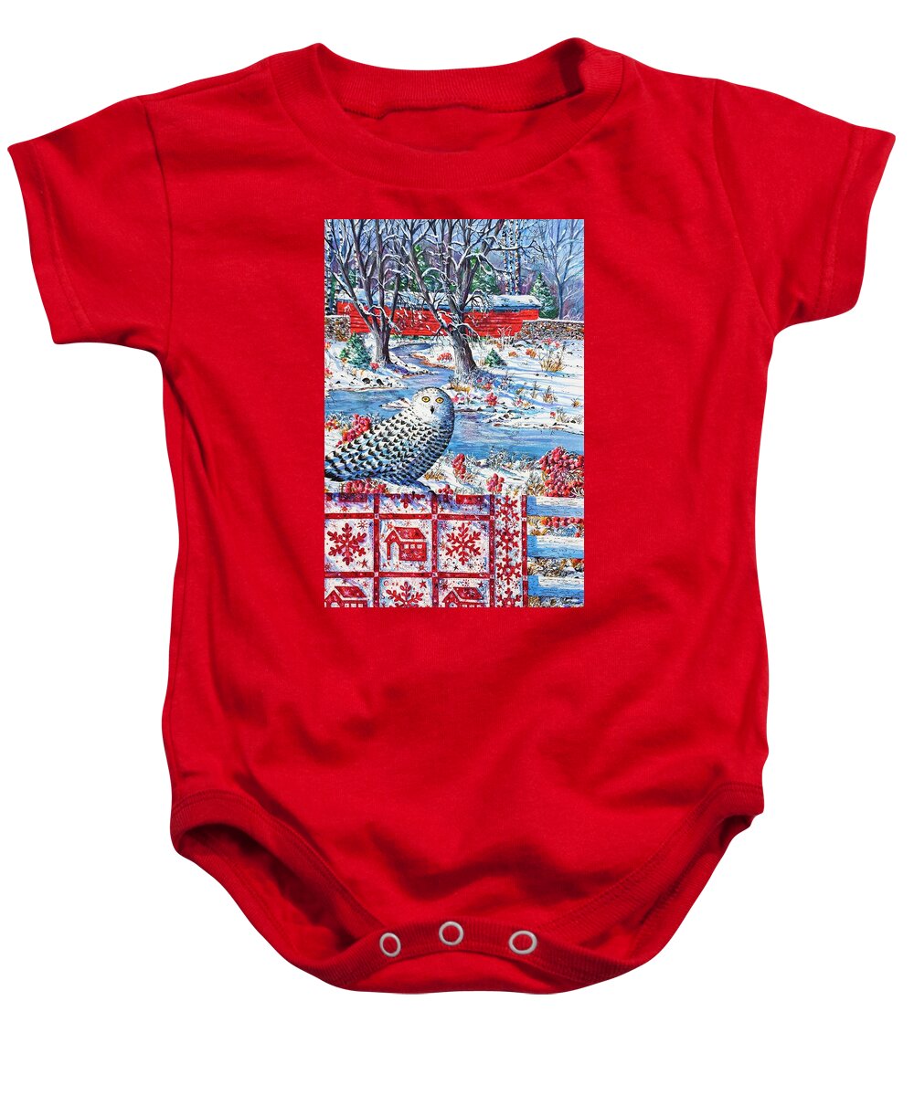 Winter Scene Of Covered Bridge And Snowy Owl With Red Covered Bridge And Snowflake Quilt. Baby Onesie featuring the painting Snowy Owl Visitor by Diane Phalen