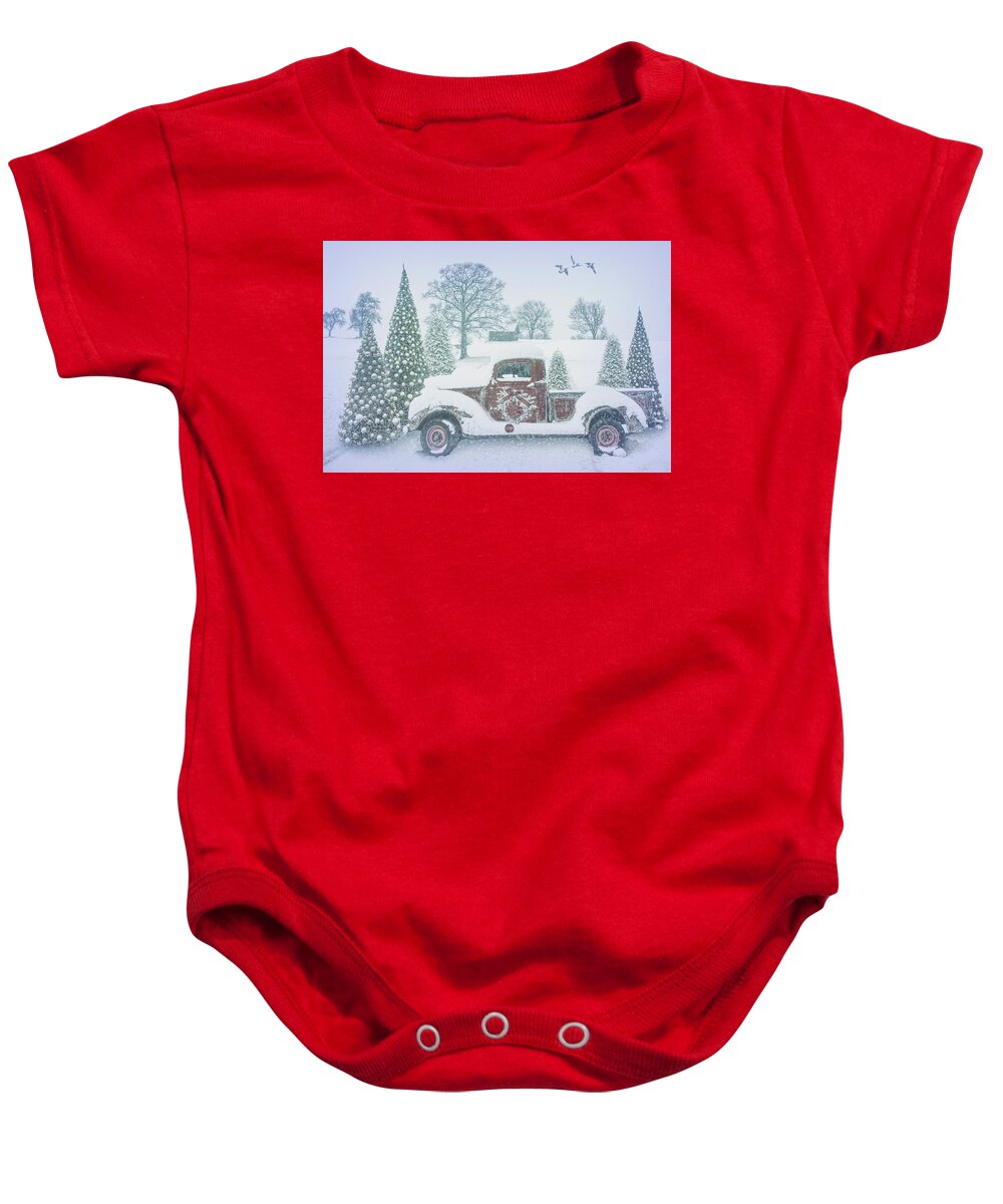 Christmas Baby Onesie featuring the photograph Snowy Pale Red Truck by Debra and Dave Vanderlaan